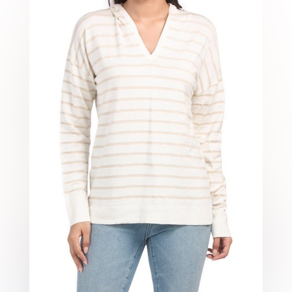 NWT marled Ivory Gold Striped Lightweight Hoodie size large